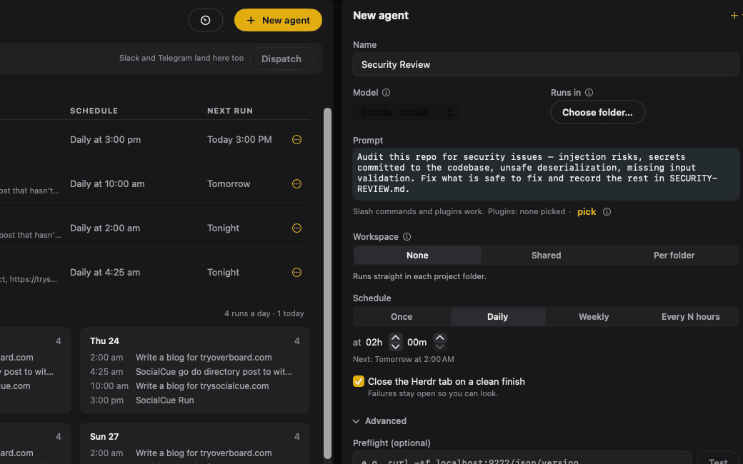 Overboard scheduler: a slot with the agent prompt, project folder, and a daily 2:00 AM schedule